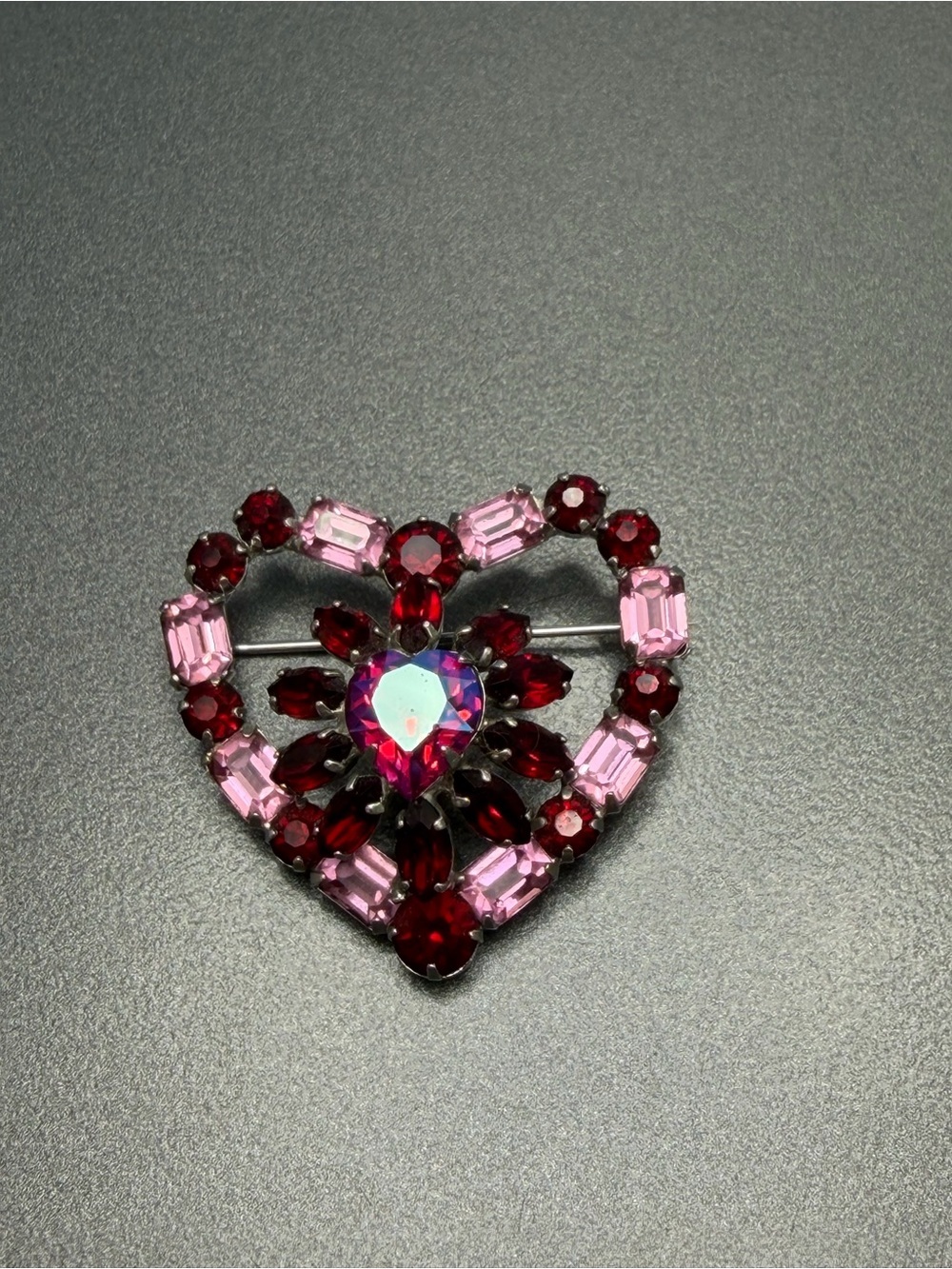 Vintage Pink & Red Heart Crystal Brooch #cz49